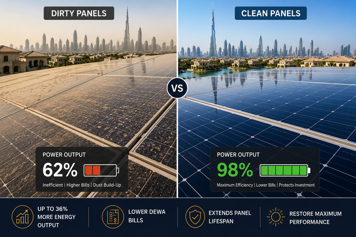 ☀️ Solar Panel Cleaning Restore energy output and maximise DEWA savings.